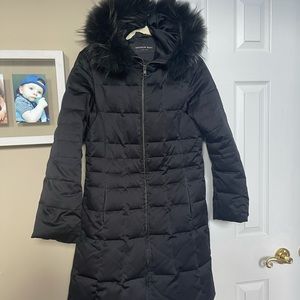 Black Andrew Marc long coat with real fur hood